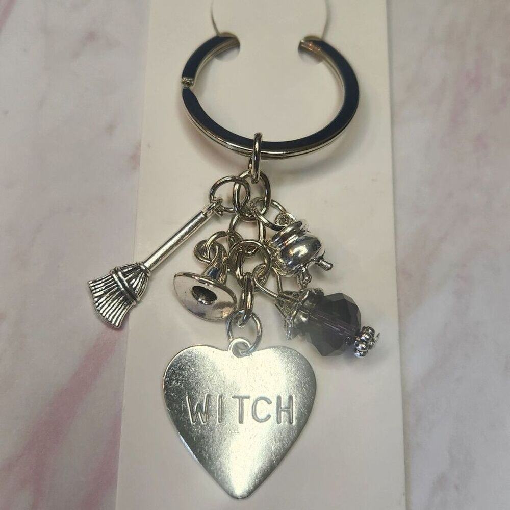 Witch Heart Bag Charm Keychain Broom Cauldron Hat Faux Crystal Silver Tone Metal